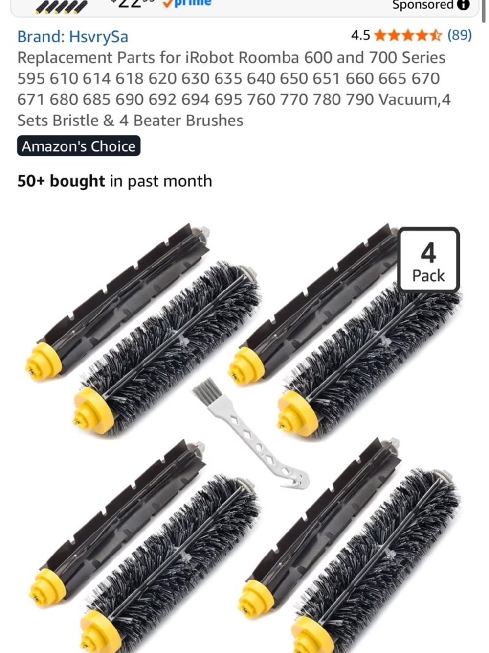 Universal Replacement Roller Brush Set with Yellow End Caps - 4 Pack